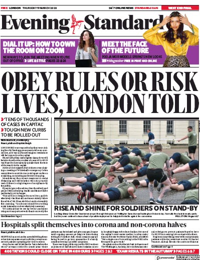London Evening Standard Newspaper Front Page for 20 March 2020
