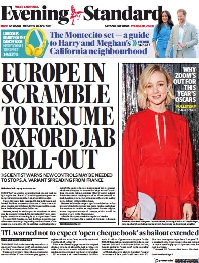 London Evening Standard (UK) Newspaper Front Page for 20 March 2021