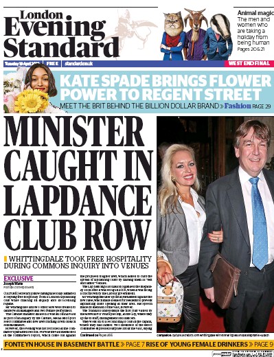 London Evening Standard Newspaper Front Page for 20 April 2016