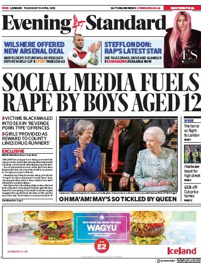 London Evening Standard (UK) Newspaper Front Page for 20 April 2018