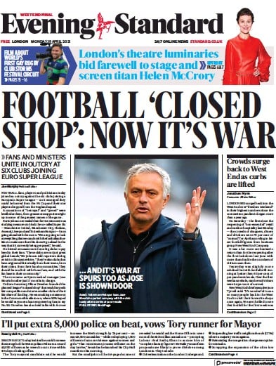 London Evening Standard (UK) Newspaper Front Page for 20 April 2021