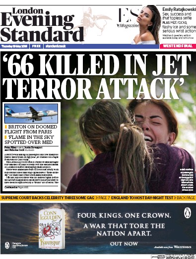 London Evening Standard Newspaper Front Page for 20 May 2016