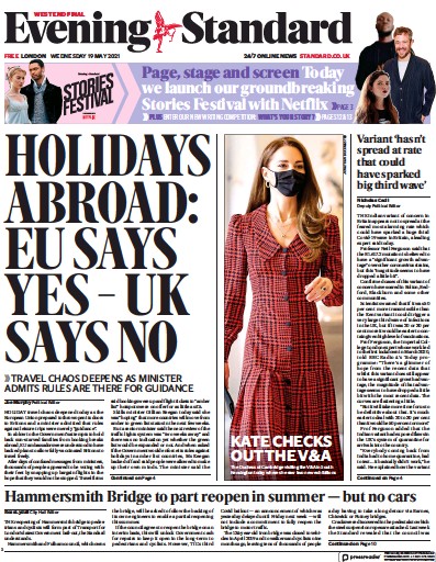 London Evening Standard (UK) Newspaper Front Page for 20 May 2021