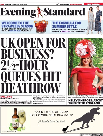 London Evening Standard Newspaper Front Page for 20 June 2018