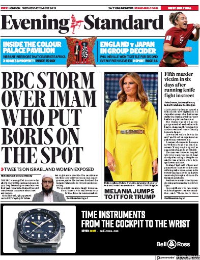 London Evening Standard Newspaper Front Page for 20 June 2019