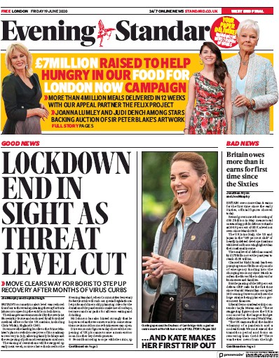 London Evening Standard Newspaper Front Page for 20 June 2020
