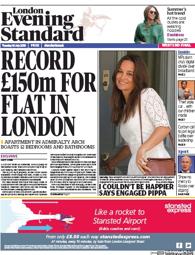 London Evening Standard Newspaper Front Page for 20 July 2016