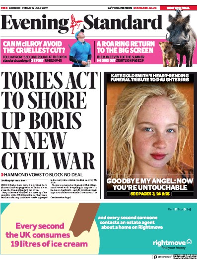 London Evening Standard Newspaper Front Page for 20 July 2019