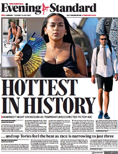 London Evening Standard (UK) Newspaper Front Page for 20 July 2022