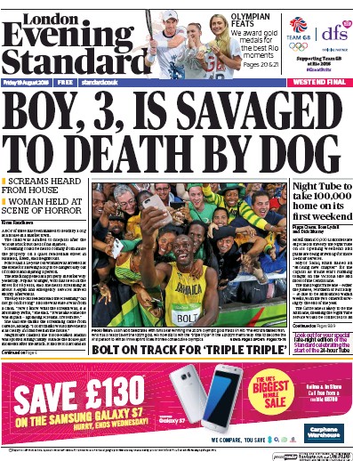 London Evening Standard (UK) Newspaper Front Page for 20 August 2016