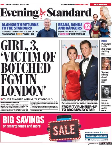 London Evening Standard Newspaper Front Page for 20 August 2018