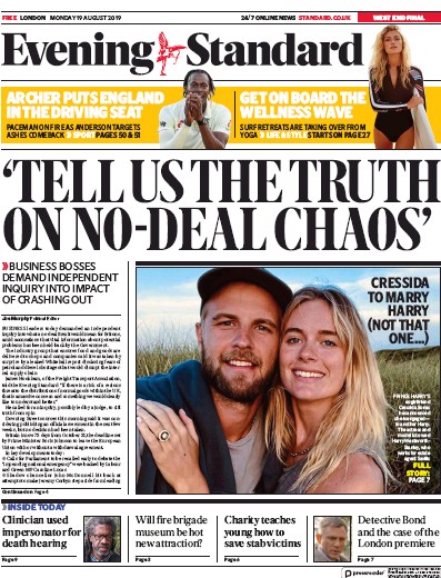 London Evening Standard Newspaper Front Page for 20 August 2019