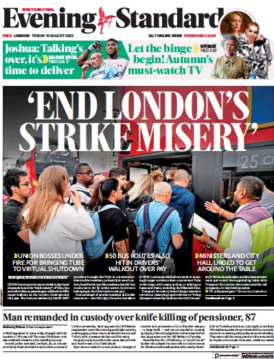 London Evening Standard (UK) Newspaper Front Page for 20 August 2022