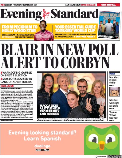 London Evening Standard Newspaper Front Page for 20 September 2019