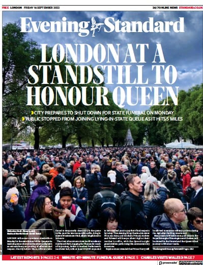 London Evening Standard (UK) Newspaper Front Page for 20 September 2022