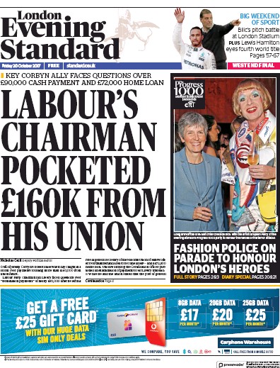 London Evening Standard Newspaper Front Page for 21 October 2017