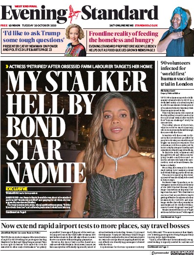 London Evening Standard Newspaper Front Page for 21 October 2020