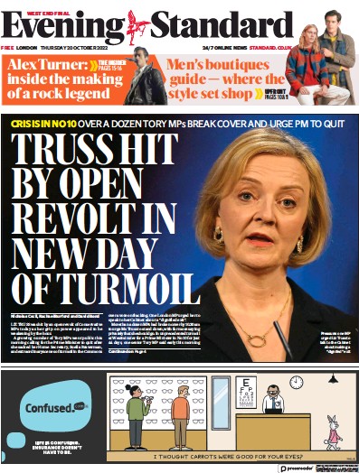 London Evening Standard Newspaper Front Page for 21 October 2022