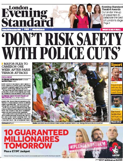 London Evening Standard Newspaper Front Page for 21 November 2015