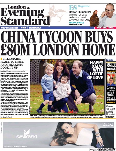 London Evening Standard Newspaper Front Page for 21 December 2015