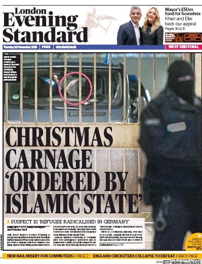 London Evening Standard Newspaper Front Page for 21 December 2016