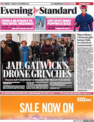 London Evening Standard Newspaper Front Page for 21 December 2018