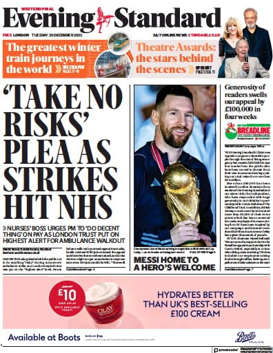 London Evening Standard Newspaper Front Page for 21 December 2022