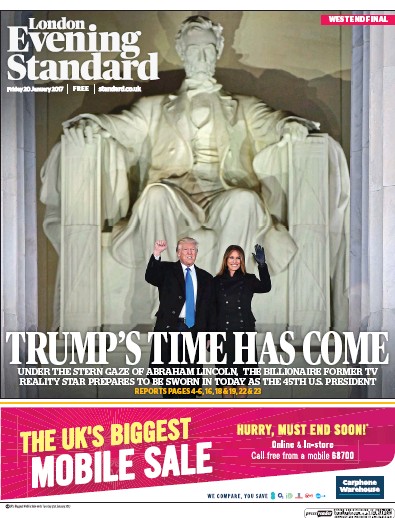 London Evening Standard Newspaper Front Page for 21 January 2017
