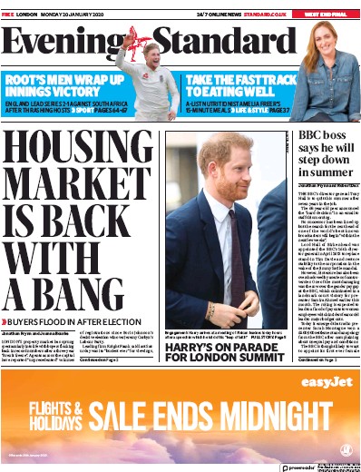 London Evening Standard Newspaper Front Page for 21 January 2020