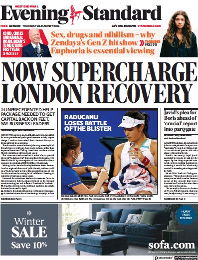 London Evening Standard (UK) Newspaper Front Page for 21 January 2022