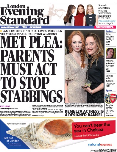 London Evening Standard Newspaper Front Page for 21 February 2017