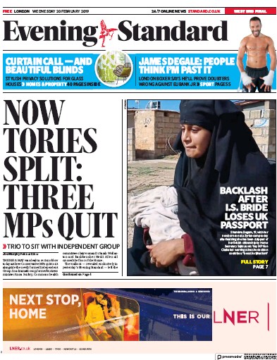 London Evening Standard Newspaper Front Page for 21 February 2019