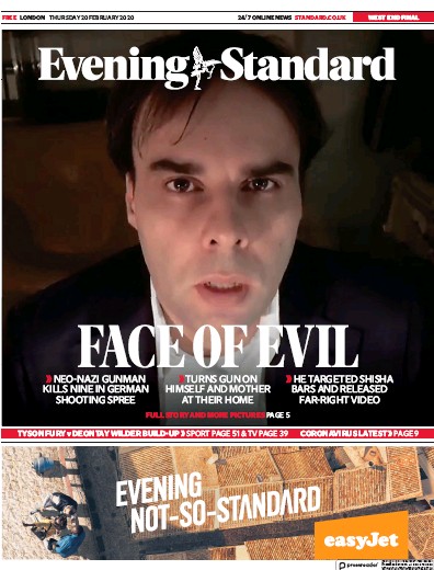 London Evening Standard Newspaper Front Page for 21 February 2020