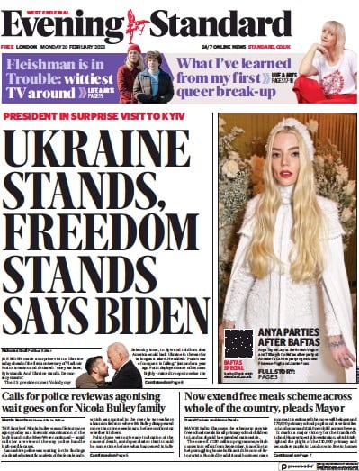 London Evening Standard (UK) Newspaper Front Page for 21 February 2023