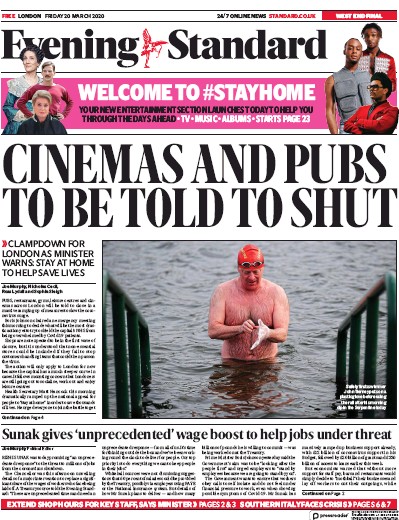 London Evening Standard Newspaper Front Page for 21 March 2020