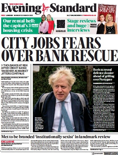 London Evening Standard (UK) Newspaper Front Page for 21 March 2023