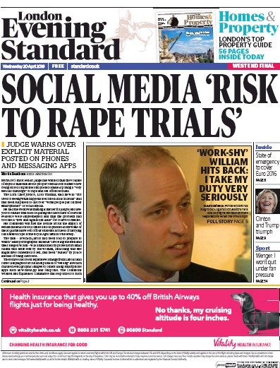 London Evening Standard Newspaper Front Page for 21 April 2016