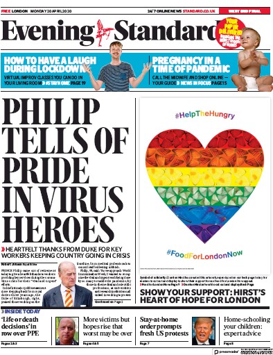 London Evening Standard Newspaper Front Page for 21 April 2020
