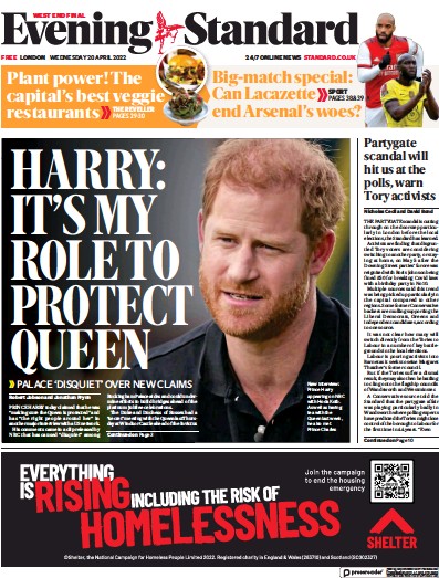 London Evening Standard (UK) Newspaper Front Page for 21 April 2022