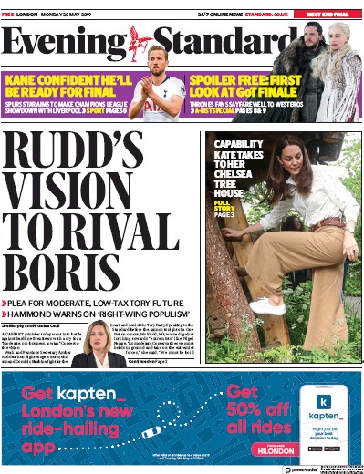 London Evening Standard Newspaper Front Page for 21 May 2019