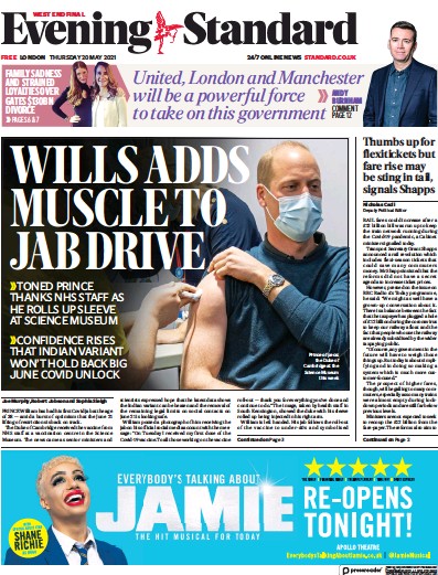 London Evening Standard Newspaper Front Page for 21 May 2021
