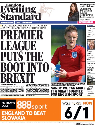 London Evening Standard Newspaper Front Page for 21 June 2016