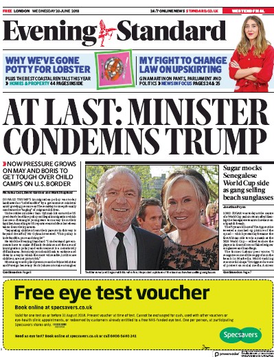 London Evening Standard (UK) Newspaper Front Page for 21 June 2018