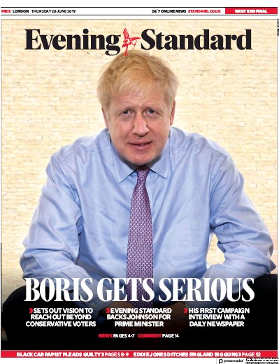 London Evening Standard Newspaper Front Page for 21 June 2019