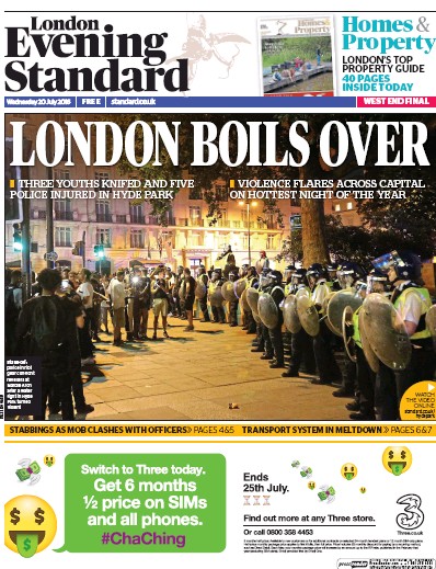 London Evening Standard Newspaper Front Page for 21 July 2016