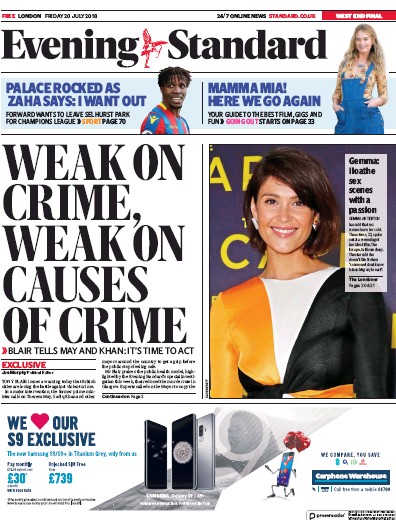 London Evening Standard Newspaper Front Page for 21 July 2018