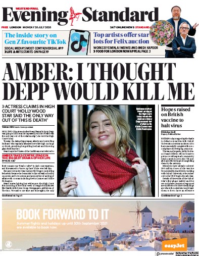 London Evening Standard Newspaper Front Page for 21 July 2020