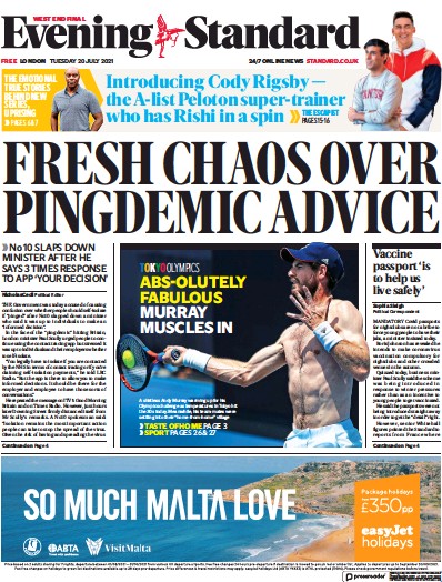 London Evening Standard (UK) Newspaper Front Page for 21 July 2021