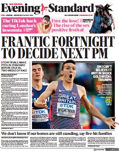 London Evening Standard Newspaper Front Page for 21 July 2022