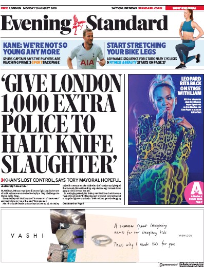London Evening Standard Newspaper Front Page for 21 August 2018